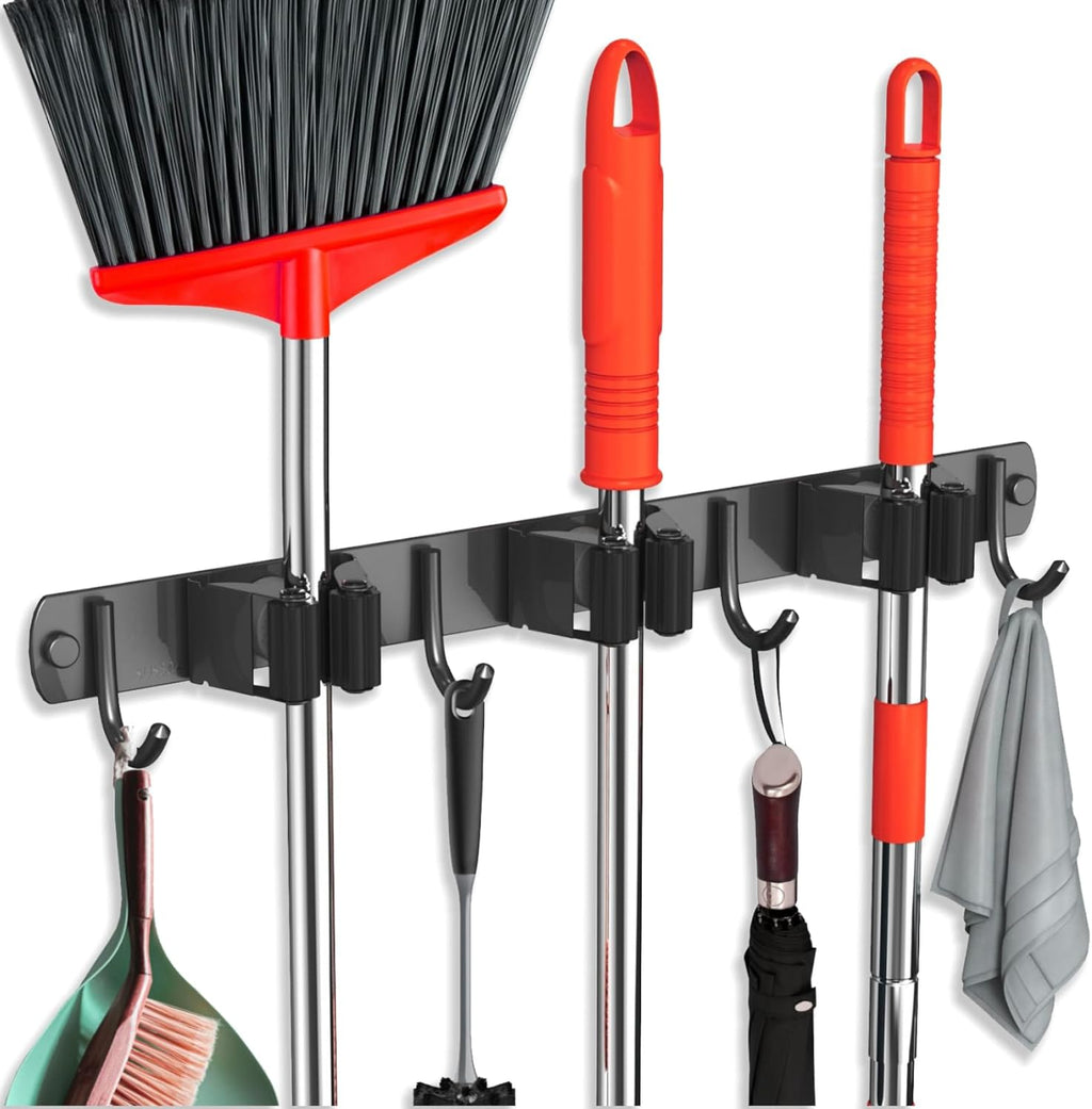 Stainless Steel Broom Holder Wall Mount with Hooks, Mop Organizer Rack for Garage Laundry Room Kitchen Storage