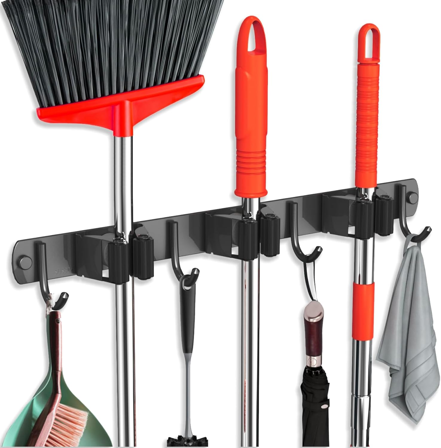 Stainless Steel Broom Holder Wall Mount with Hooks, Mop Organizer Rack for Garage Laundry Room Kitchen Storage