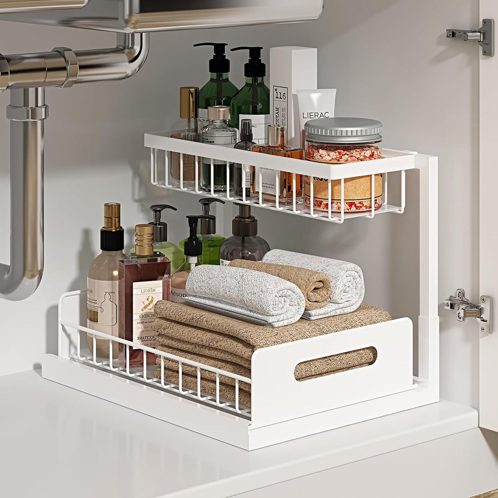 2 Tier Under Sink Organizer Pull Out Cabinet Storage Shelf for Kitchen Bathroom Sliding Drawer White