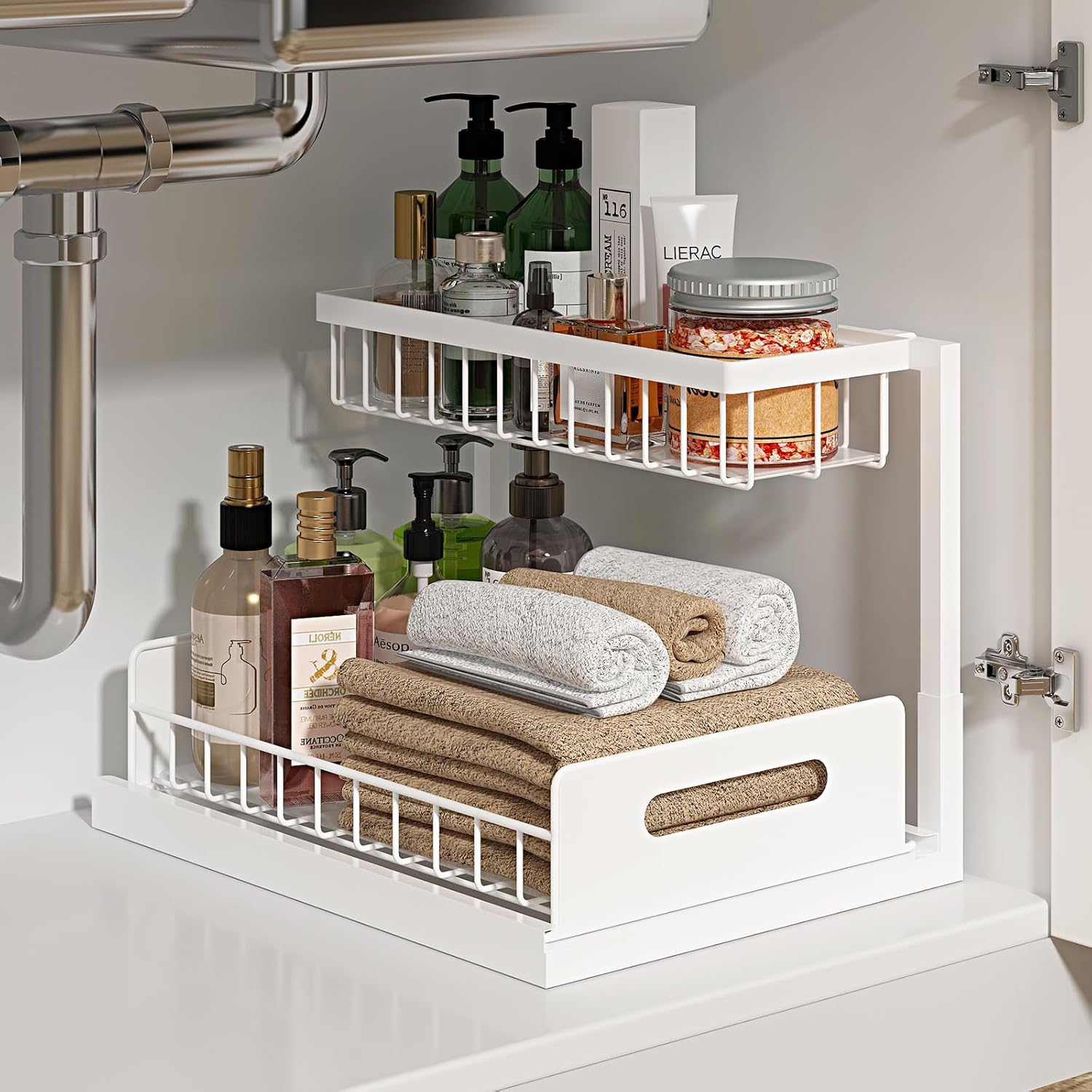 2 Tier Under Sink Organizer Pull Out Cabinet Storage Shelf for Kitchen Bathroom Sliding Drawer White