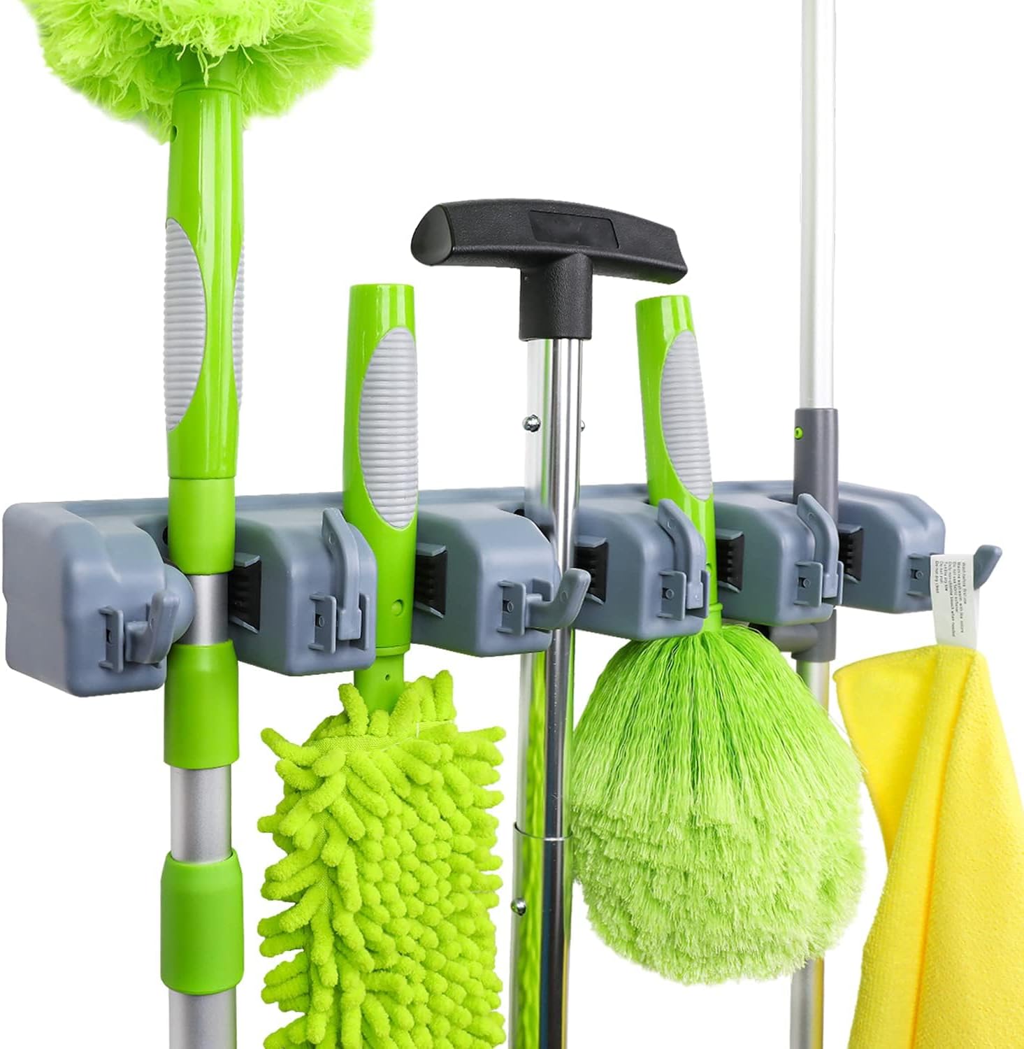 Heavy Duty Broom Holder Wall Mount with Hooks & Slots, Garage Tool Organizer Rack for Mop, Garden & Laundry Storage
