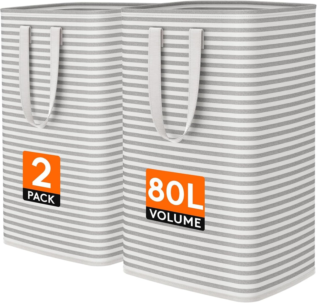 2 Pack 80L Laundry Basket Hamper Set, Collapsible Waterproof Clothes Organizer with Handles for Bedroom & Dorm