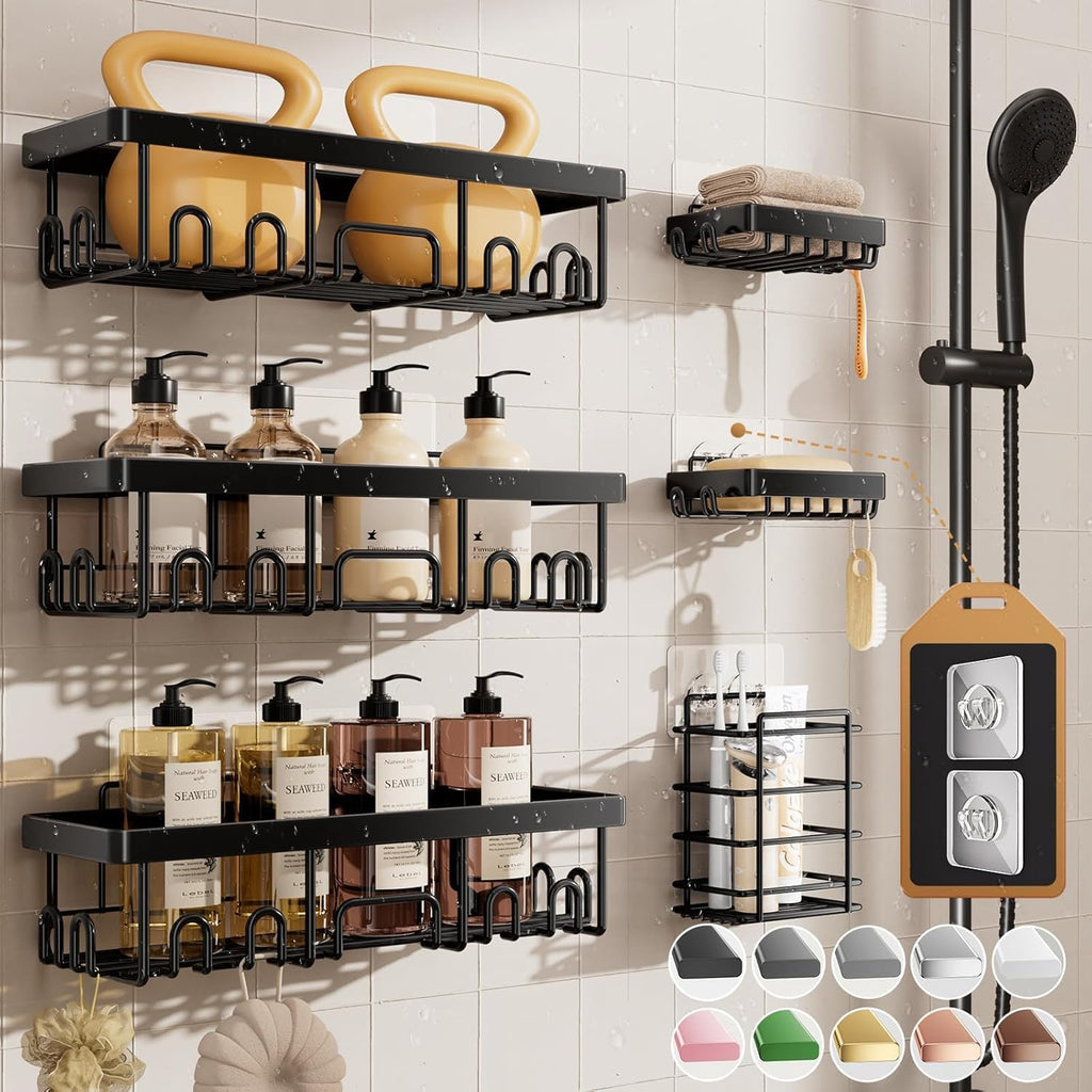 Rustproof Shower Caddy 6-Pack with Soap Holder & Toothbrush Rack | Adhesive Bathroom Wall Organizer
