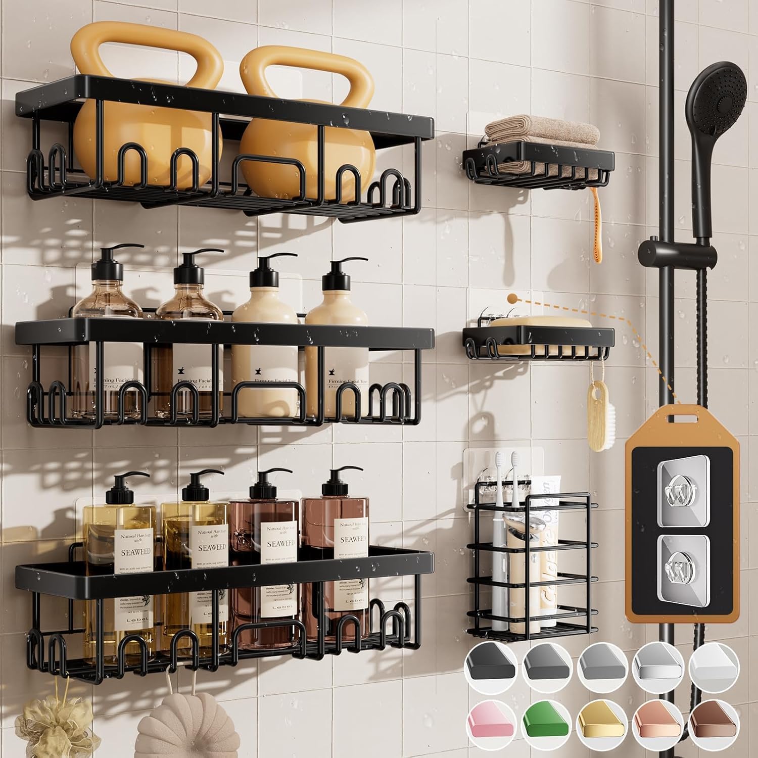 Rustproof Shower Caddy 6-Pack with Soap Holder & Toothbrush Rack | Adhesive Bathroom Wall Organizer