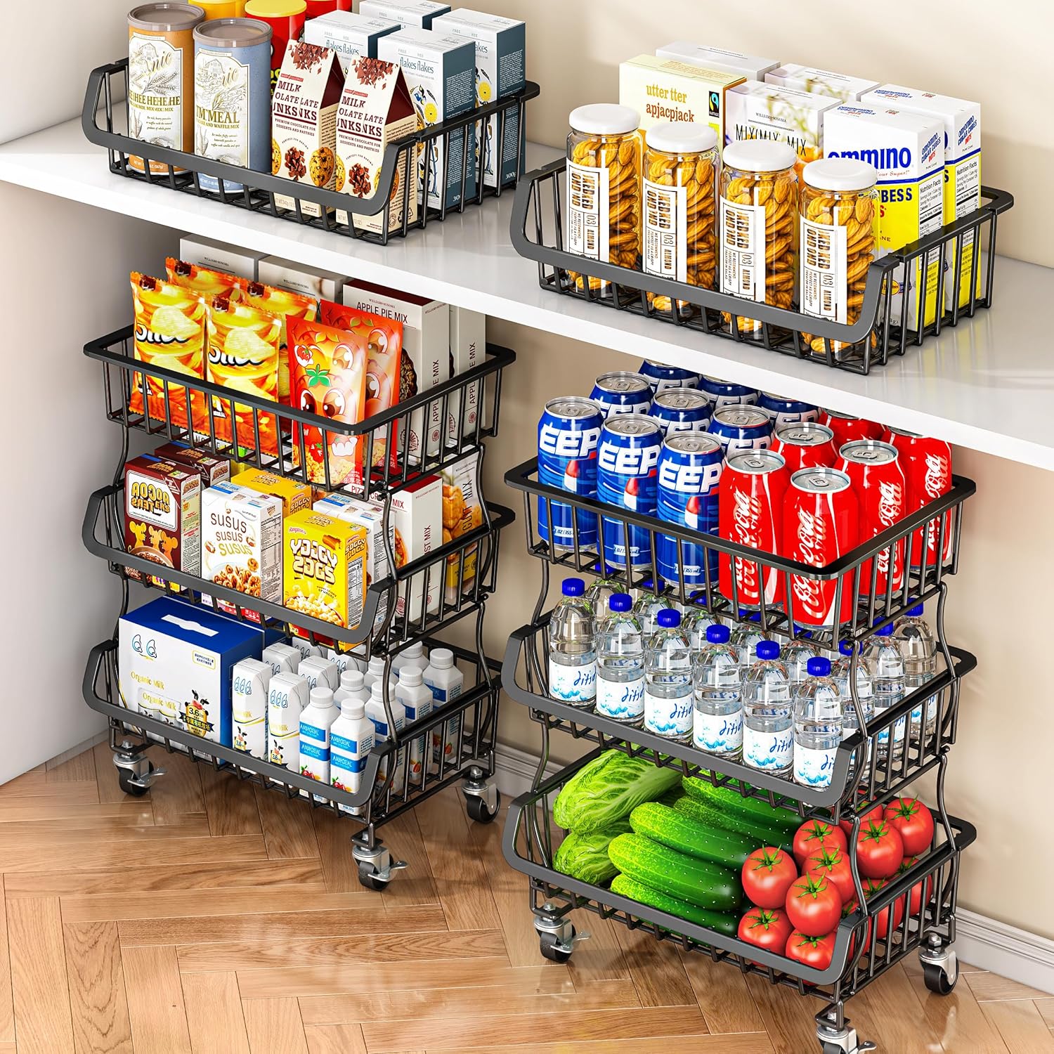 3 Tier Rolling Pantry Organizer Cart with Wheels, Stackable Wire Storage Basket for Snacks, Fruit & Vegetables