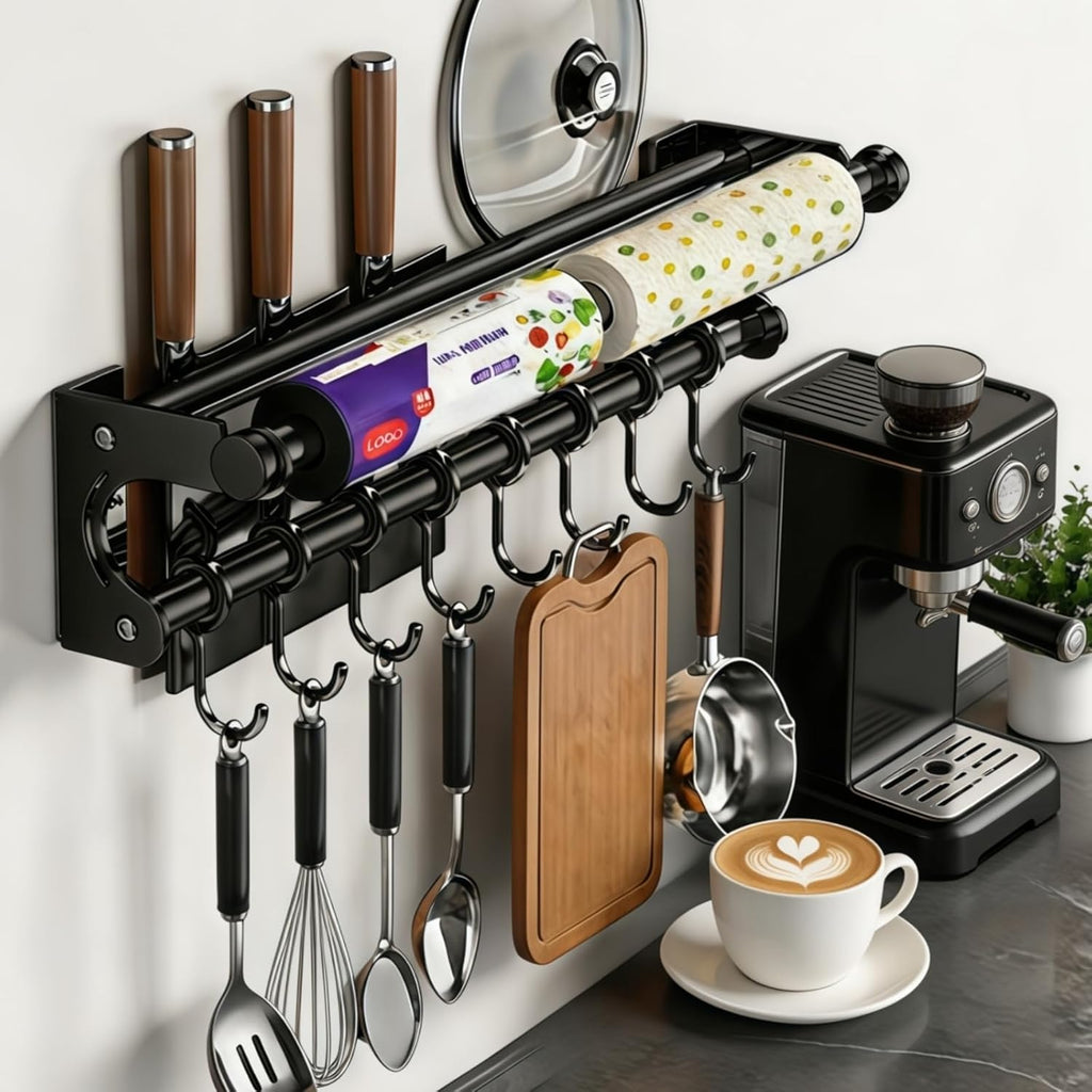 Wall Mount Organizer Rack with Pot Lid Holder, Knife Rack, Towel Bar & Hooks | Stainless Steel Kitchen Storage
