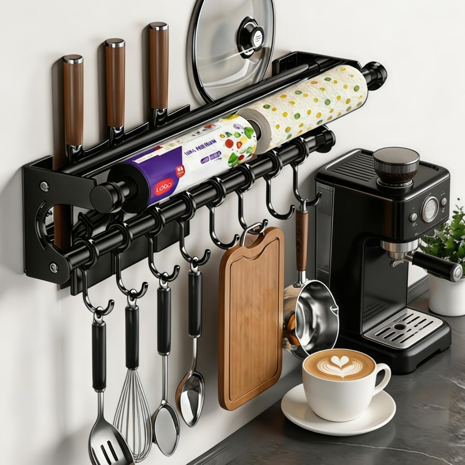 Wall Mount Organizer Rack with Pot Lid Holder, Knife Rack, Towel Bar & Hooks | Stainless Steel Kitchen Storage