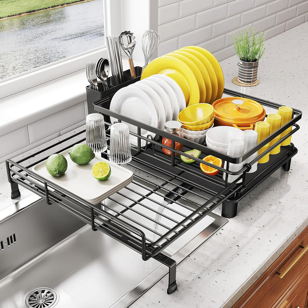 Extendable Dish Drying Rack Over Sink, Stainless Steel Dish Drainer with Utensil Holder for Kitchen Counter