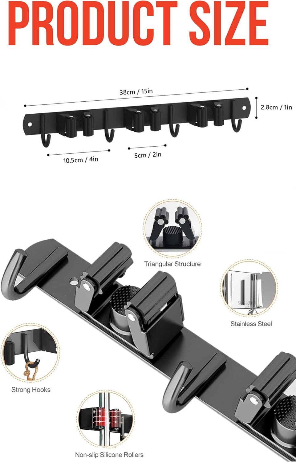 Stainless Steel Broom Holder Wall Mount with Hooks, Mop Organizer Rack for Garage Laundry Room Kitchen Storage