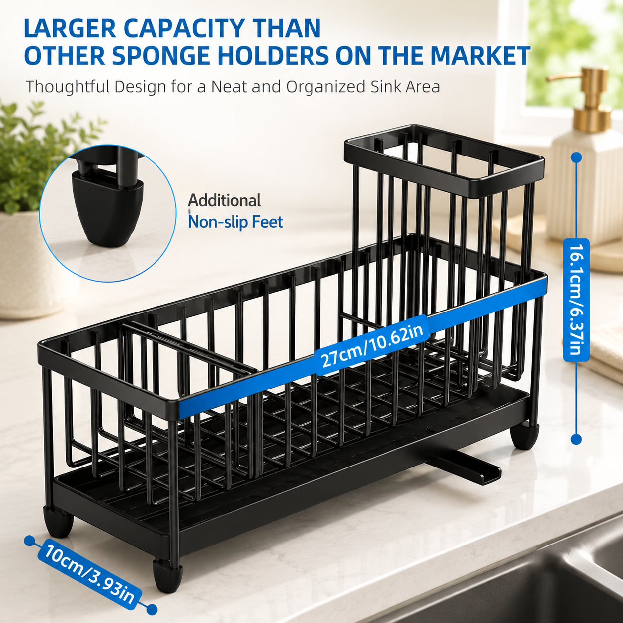 Extra Large Sink Caddy Organizer, Stainless Steel Sponge Holder, Kitchen Counter Storage Rack, Dish Brush Holder