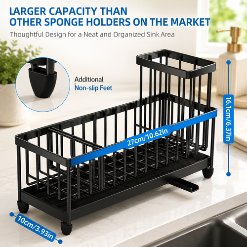 Extra Large Sink Caddy Organizer, Stainless Steel Sponge Holder, Kitchen Counter Storage Rack, Dish Brush Holder