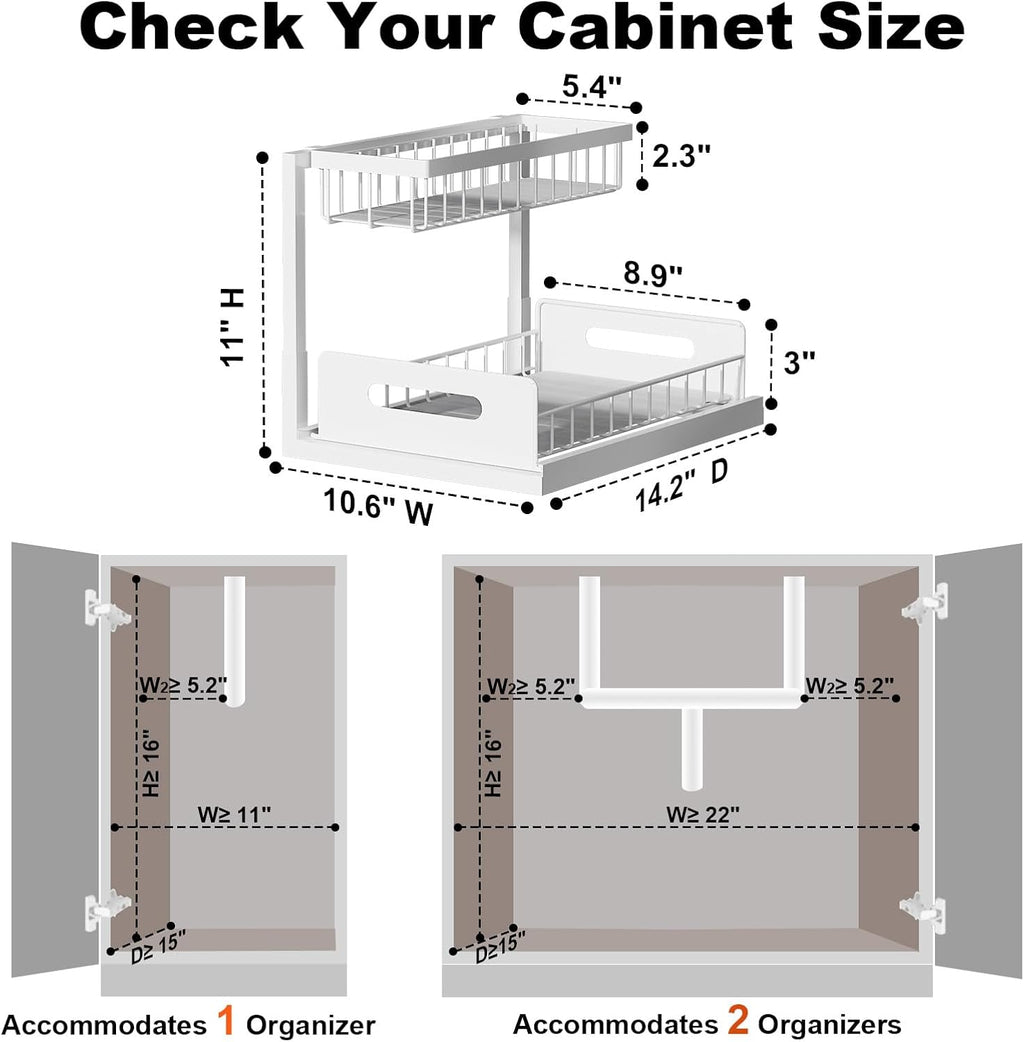 2 Tier Under Sink Organizer Pull Out Cabinet Storage Shelf for Kitchen Bathroom Sliding Drawer White