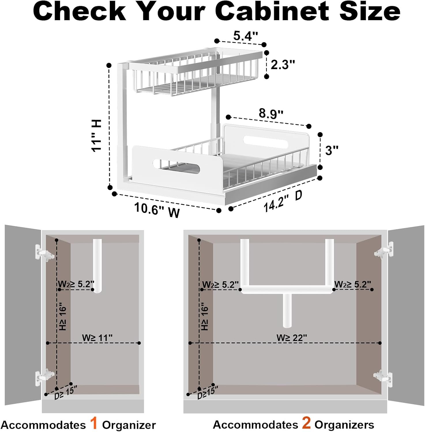 2 Tier Under Sink Organizer Pull Out Cabinet Storage Shelf for Kitchen Bathroom Sliding Drawer White