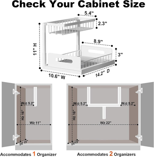 2 Tier Under Sink Organizer Pull Out Cabinet Storage Shelf for Kitchen Bathroom Sliding Drawer White