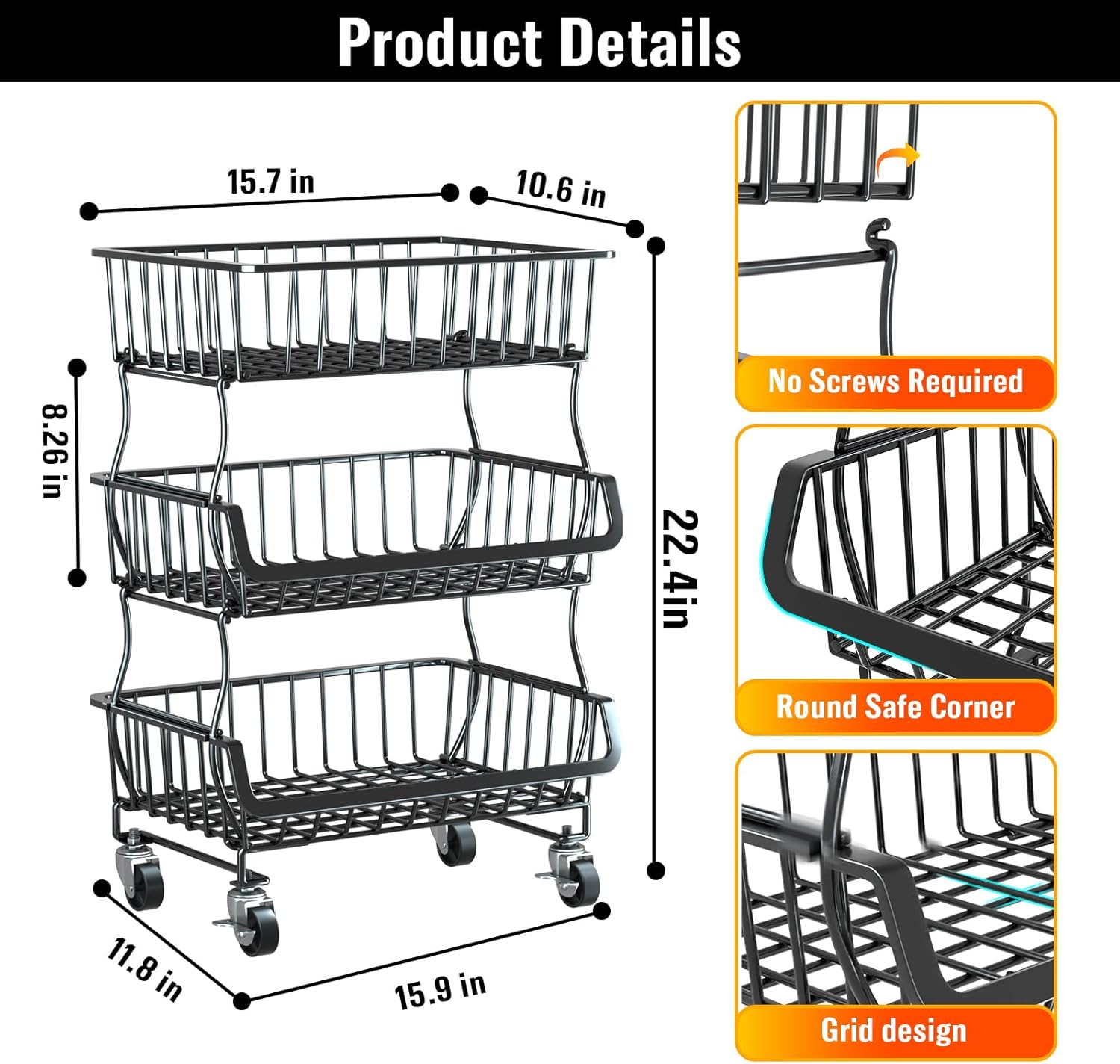 3 Tier Rolling Pantry Organizer Cart with Wheels, Stackable Wire Storage Basket for Snacks, Fruit & Vegetables