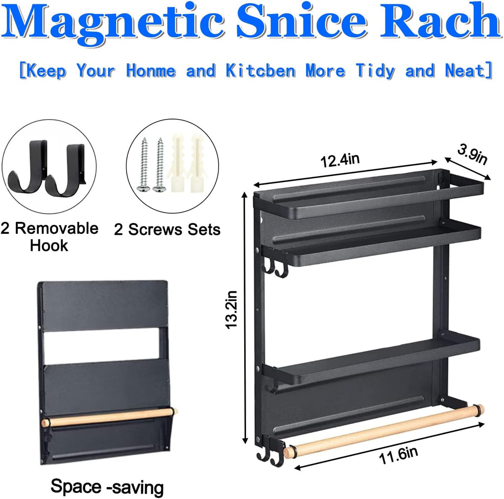 Magnetic Spice Rack for Fridge with Paper Towel Holder, Kitchen Organizer Shelf, Black Magnetic Storage Rack