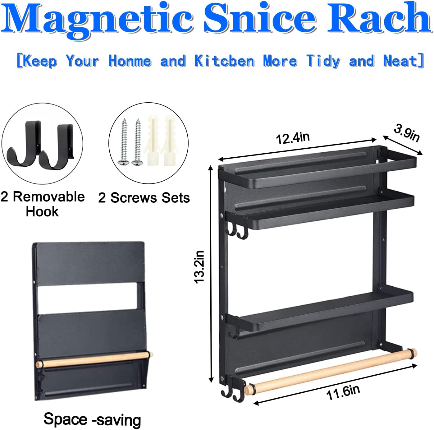 Magnetic Spice Rack for Fridge with Paper Towel Holder, Kitchen Organizer Shelf, Black Magnetic Storage Rack