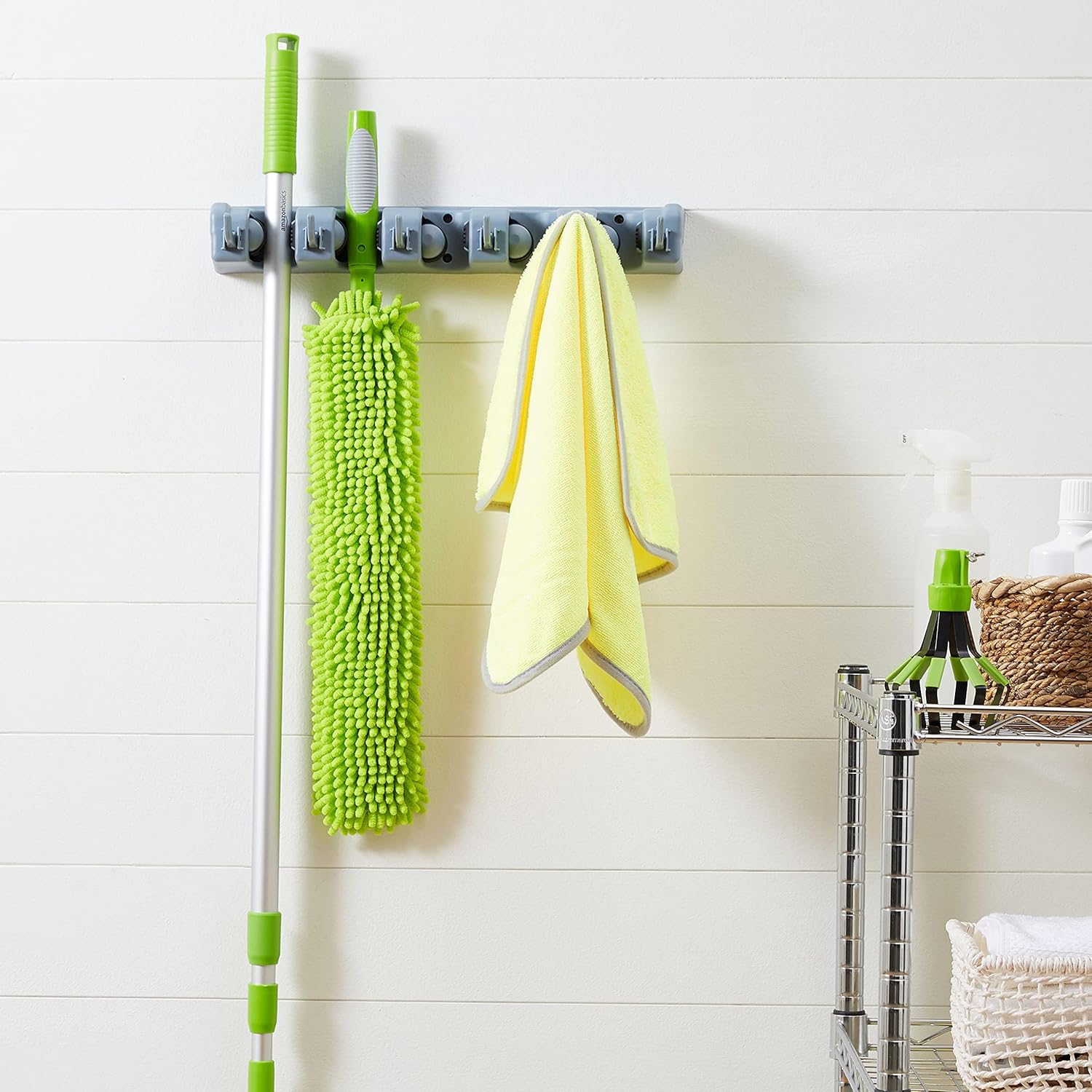 Heavy Duty Broom Holder Wall Mount with Hooks & Slots, Garage Tool Organizer Rack for Mop, Garden & Laundry Storage