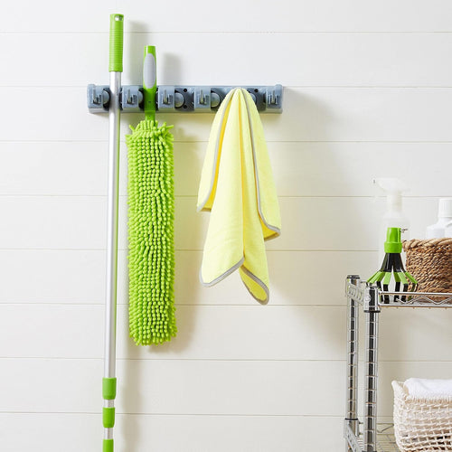 Heavy Duty Broom Holder Wall Mount with Hooks & Slots, Garage Tool Organizer Rack for Mop, Garden & Laundry Storage