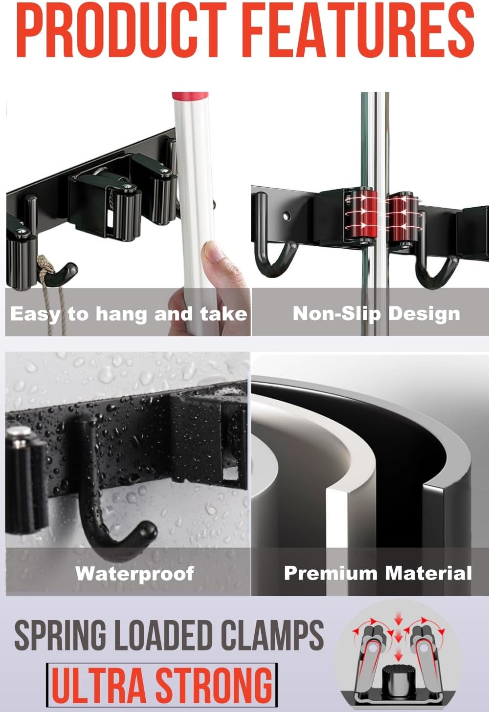 Stainless Steel Broom Holder Wall Mount with Hooks, Mop Organizer Rack for Garage Laundry Room Kitchen Storage