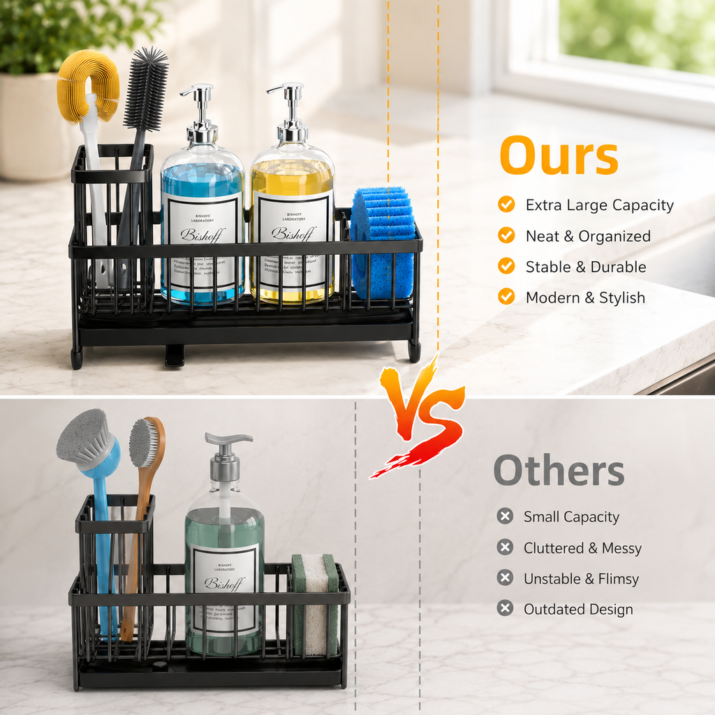 Extra Large Sink Caddy Organizer, Stainless Steel Sponge Holder, Kitchen Counter Storage Rack, Dish Brush Holder