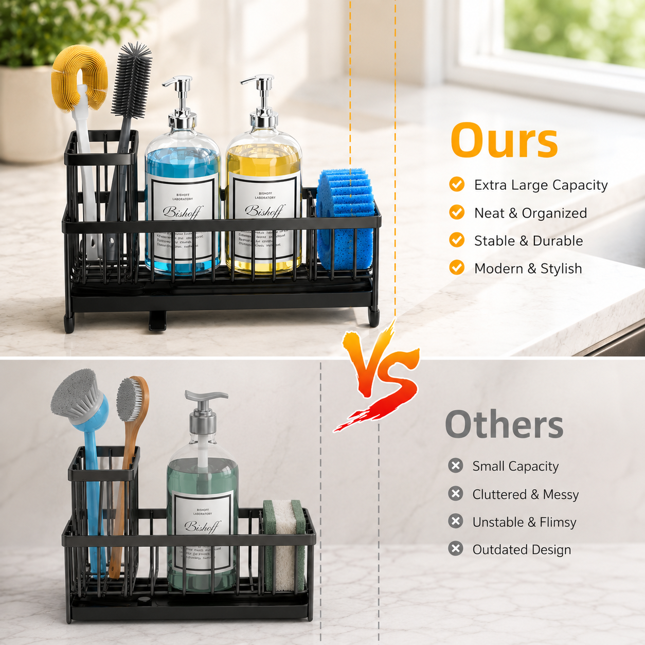 Extra Large Sink Caddy Organizer, Stainless Steel Sponge Holder, Kitchen Counter Storage Rack, Dish Brush Holder