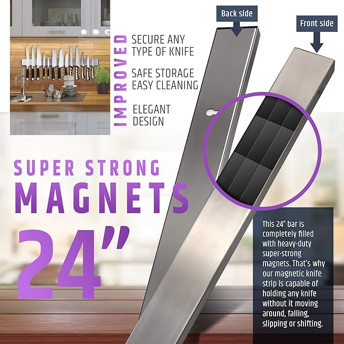 24 Inch Magnetic Knife Holder for Wall, Stainless Steel Knife Strip Rack, Space Saving Kitchen Storage Organizer