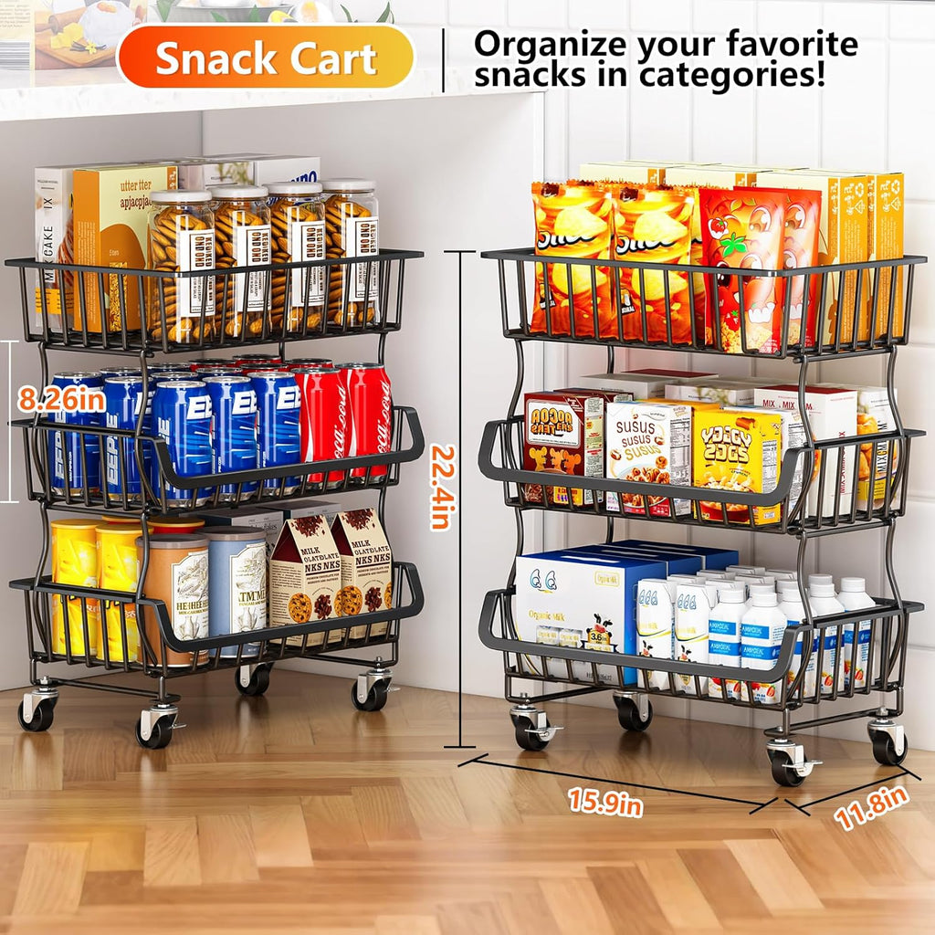 3 Tier Rolling Pantry Organizer Cart with Wheels, Stackable Wire Storage Basket for Snacks, Fruit & Vegetables