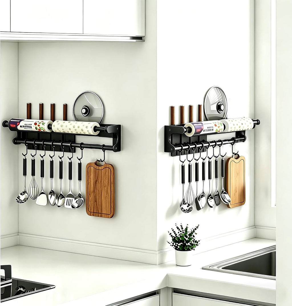 Wall Mount Organizer Rack with Pot Lid Holder, Knife Rack, Towel Bar & Hooks | Stainless Steel Kitchen Storage