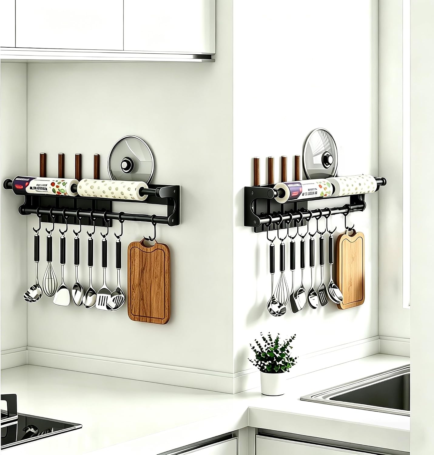 Wall Mount Organizer Rack with Pot Lid Holder, Knife Rack, Towel Bar & Hooks | Stainless Steel Kitchen Storage