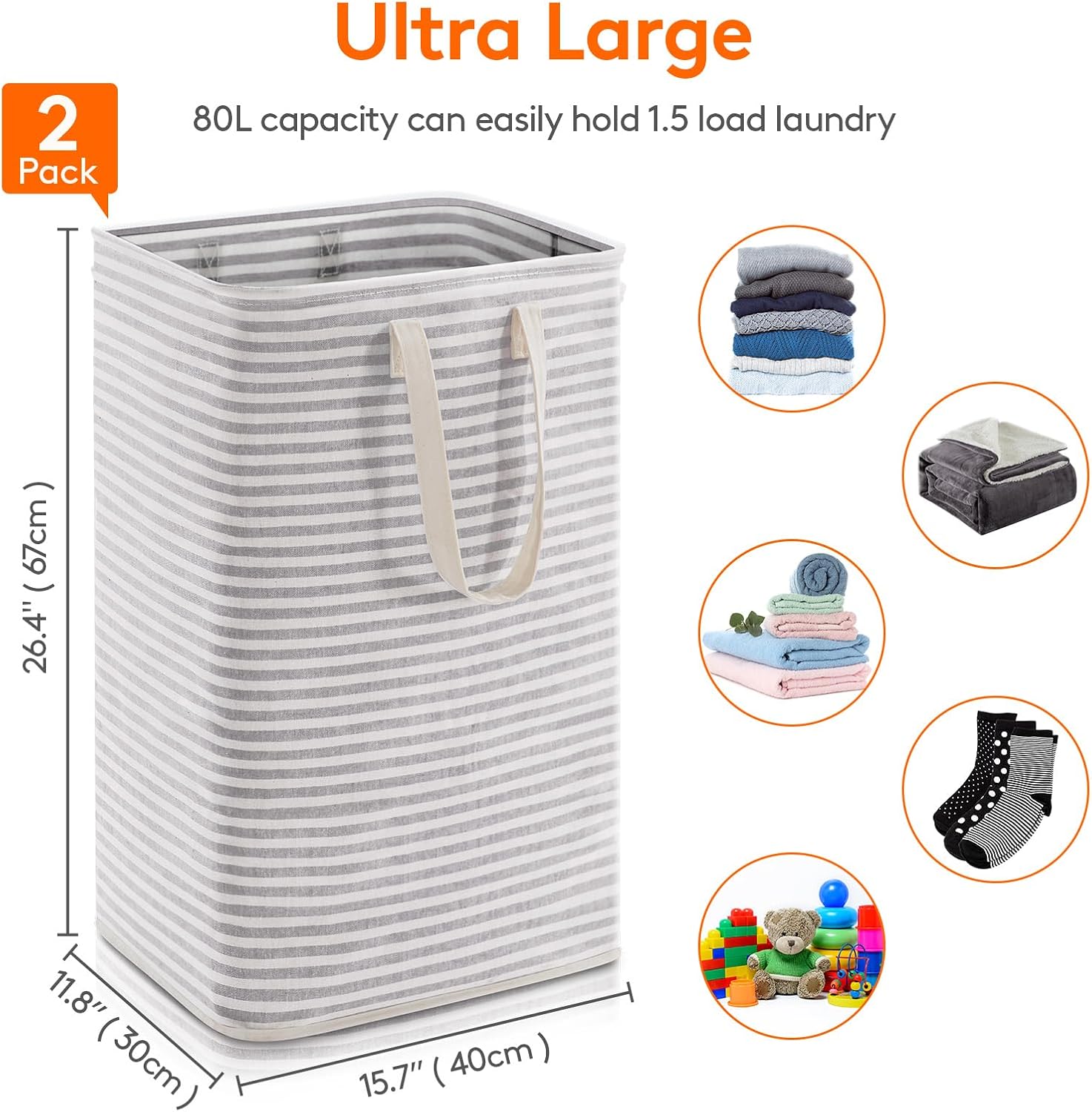 2 Pack 80L Laundry Basket Hamper Set, Collapsible Waterproof Clothes Organizer with Handles for Bedroom & Dorm