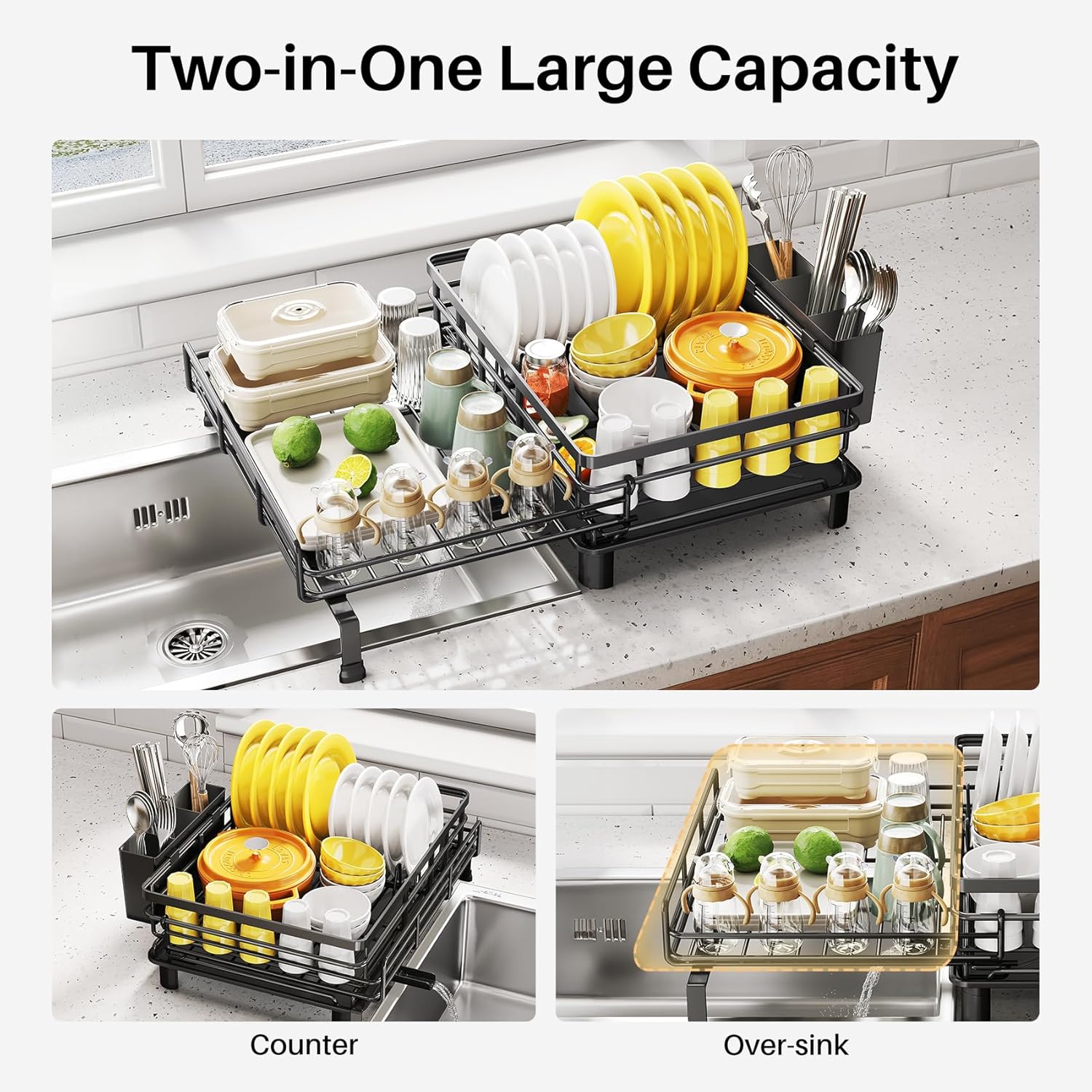 Extendable Dish Drying Rack Over Sink, Stainless Steel Dish Drainer with Utensil Holder for Kitchen Counter
