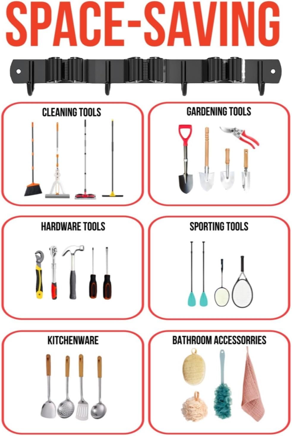 Stainless Steel Broom Holder Wall Mount with Hooks, Mop Organizer Rack for Garage Laundry Room Kitchen Storage