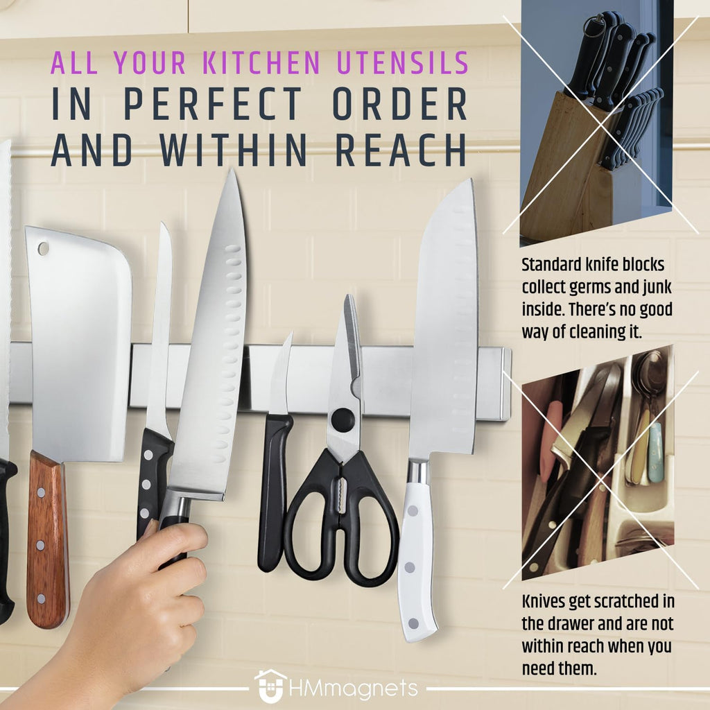24 Inch Magnetic Knife Holder for Wall, Stainless Steel Knife Strip Rack, Space Saving Kitchen Storage Organizer
