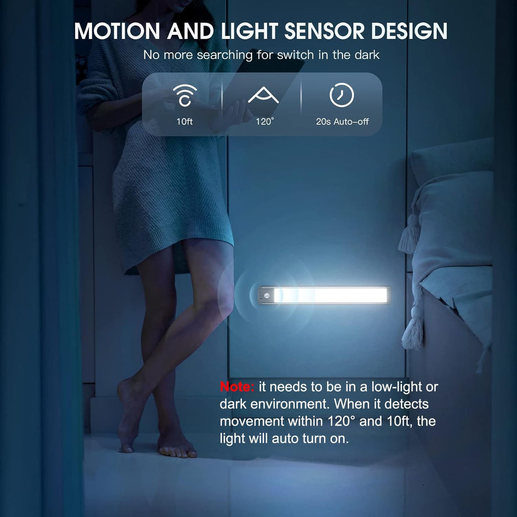 10 Inch Rechargeable Motion Sensor Under Cabinet Lights 2 Pack, Dimmable Magnetic Closet Lighting for Kitchen & Stairs