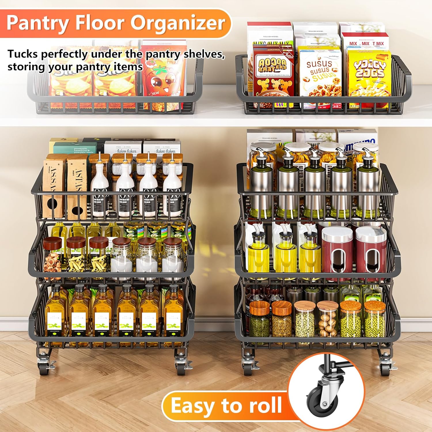3 Tier Rolling Pantry Organizer Cart with Wheels, Stackable Wire Storage Basket for Snacks, Fruit & Vegetables