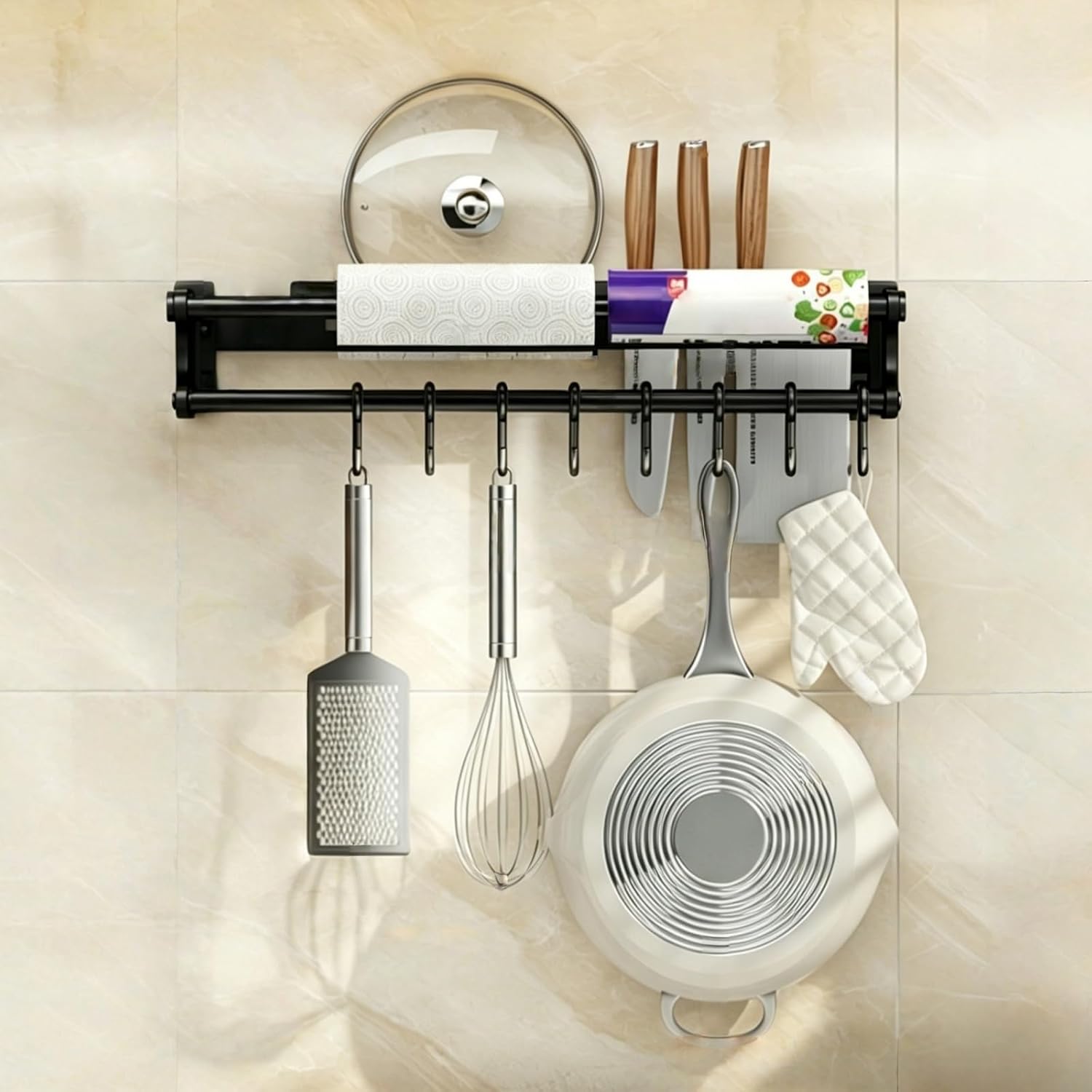 Wall Mount Organizer Rack with Pot Lid Holder, Knife Rack, Towel Bar & Hooks | Stainless Steel Kitchen Storage