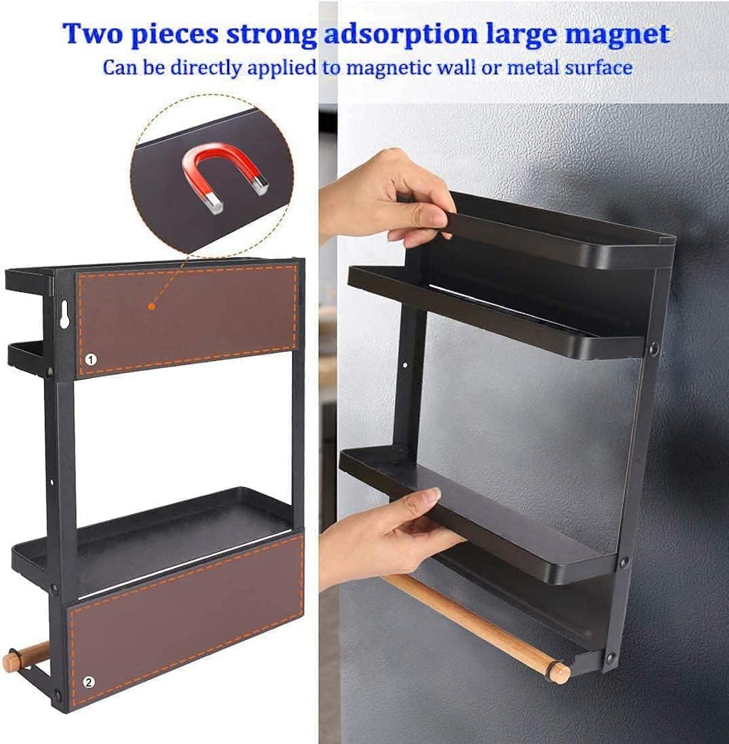 Magnetic Spice Rack for Fridge with Paper Towel Holder, Kitchen Organizer Shelf, Black Magnetic Storage Rack