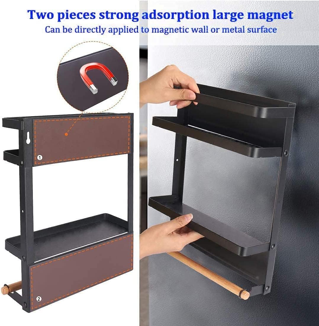 Magnetic Spice Rack for Fridge with Paper Towel Holder, Kitchen Organizer Shelf, Black Magnetic Storage Rack