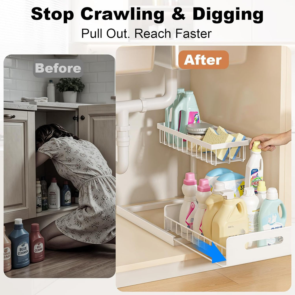 2 Tier Under Sink Organizer Pull Out Cabinet Storage Shelf for Kitchen Bathroom Sliding Drawer White