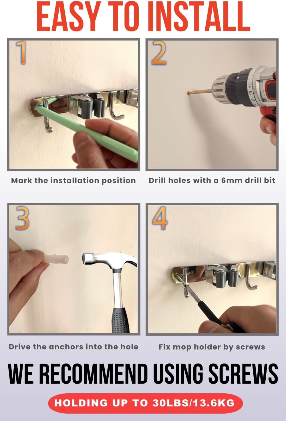 Stainless Steel Broom Holder Wall Mount with Hooks, Mop Organizer Rack for Garage Laundry Room Kitchen Storage
