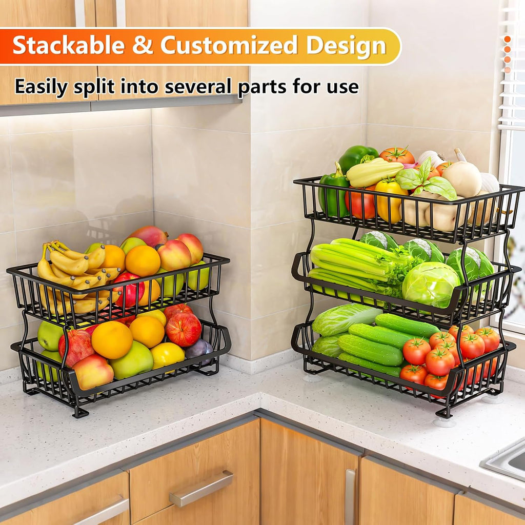 3 Tier Rolling Pantry Organizer Cart with Wheels, Stackable Wire Storage Basket for Snacks, Fruit & Vegetables