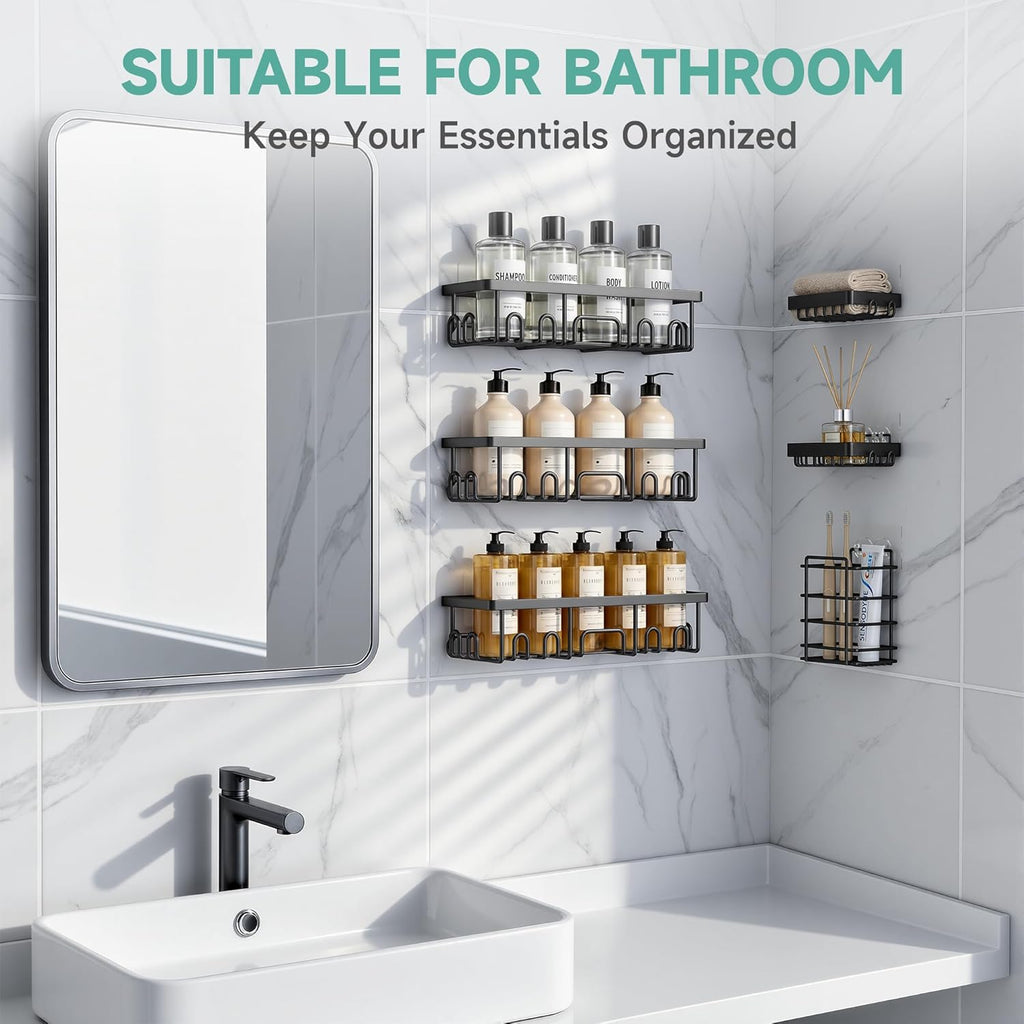 Rustproof Shower Caddy 6-Pack with Soap Holder & Toothbrush Rack | Adhesive Bathroom Wall Organizer