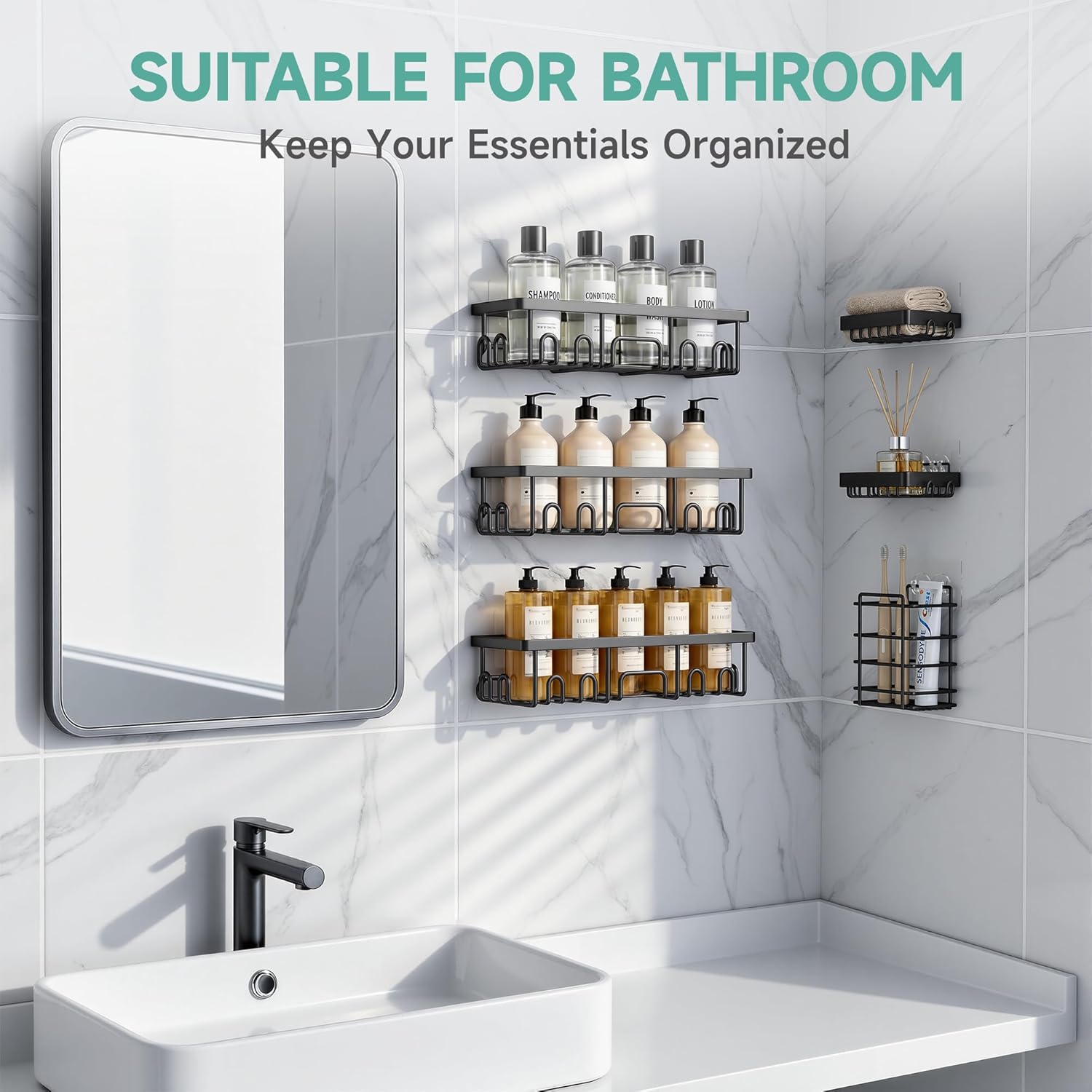 Rustproof Shower Caddy 6-Pack with Soap Holder & Toothbrush Rack | Adhesive Bathroom Wall Organizer