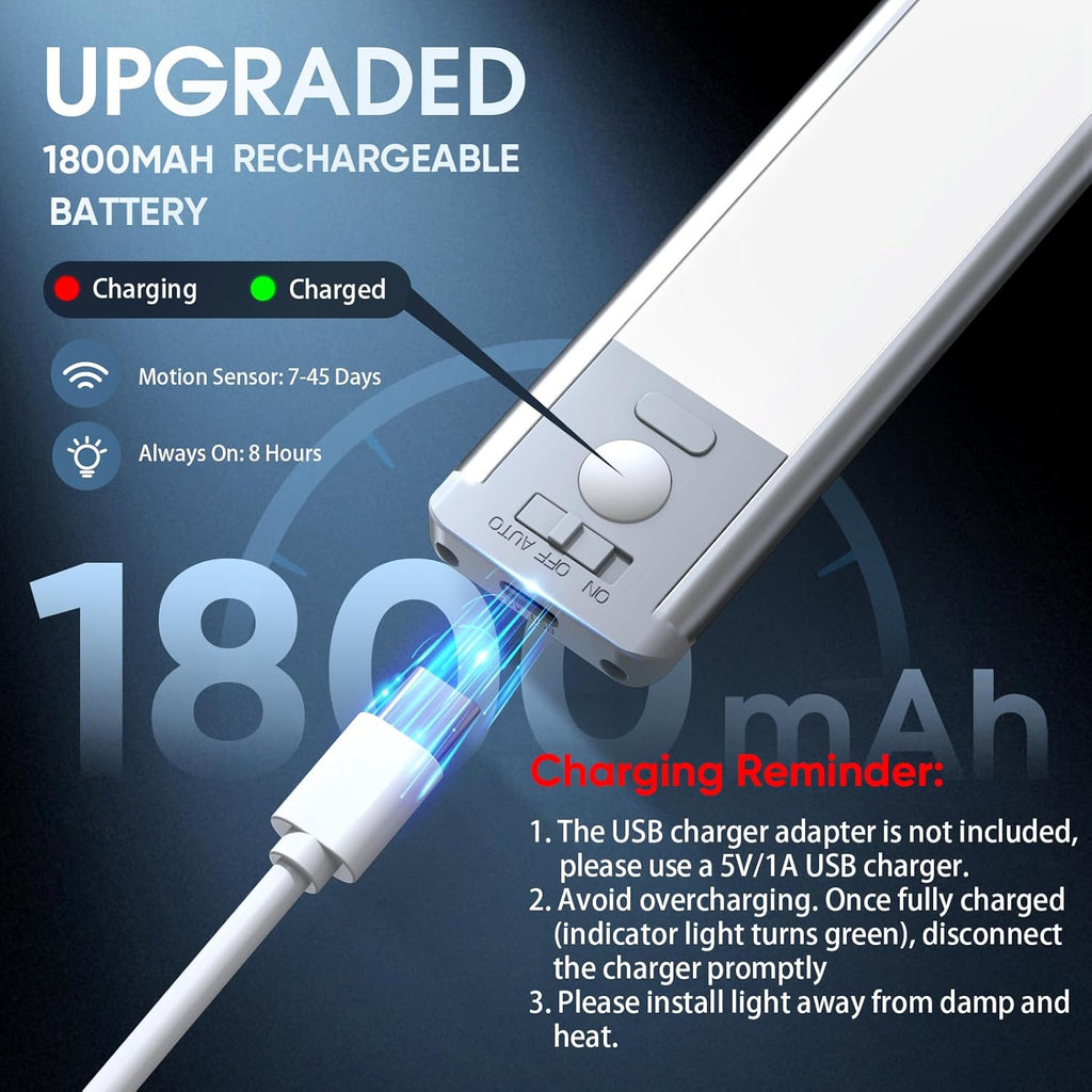10 Inch Rechargeable Motion Sensor Under Cabinet Lights 2 Pack, Dimmable Magnetic Closet Lighting for Kitchen & Stairs