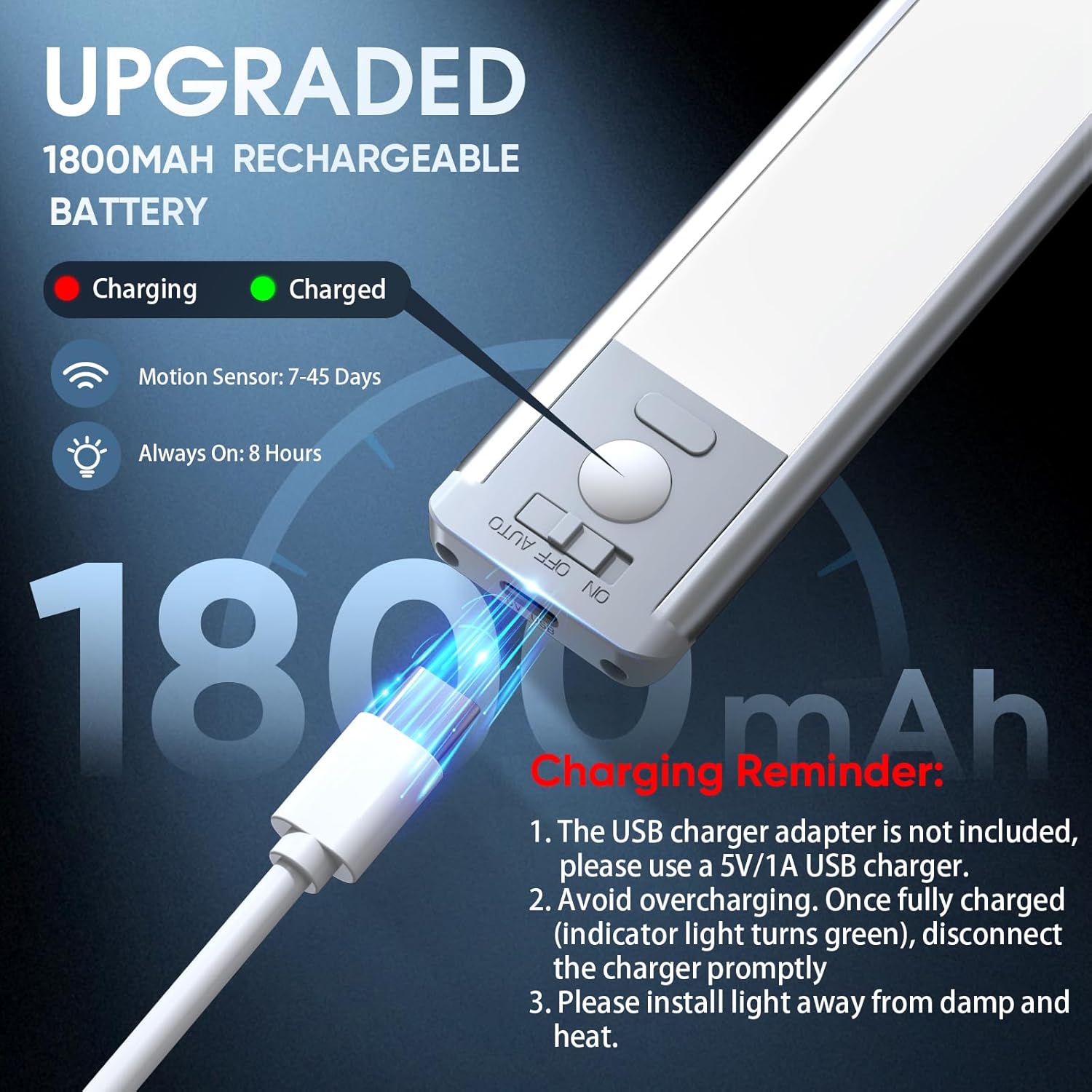 10 Inch Rechargeable Motion Sensor Under Cabinet Lights 2 Pack, Dimmable Magnetic Closet Lighting for Kitchen & Stairs