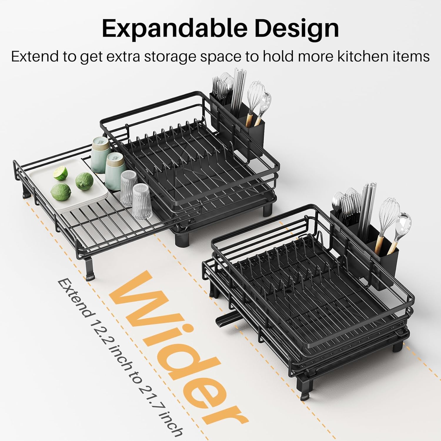 Extendable Dish Drying Rack Over Sink, Stainless Steel Dish Drainer with Utensil Holder for Kitchen Counter