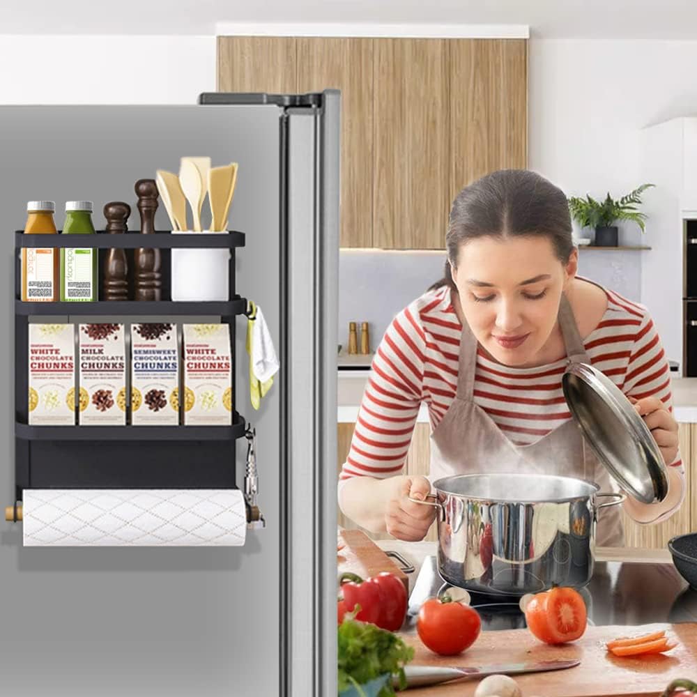 Magnetic Spice Rack for Fridge with Paper Towel Holder, Kitchen Organizer Shelf, Black Magnetic Storage Rack