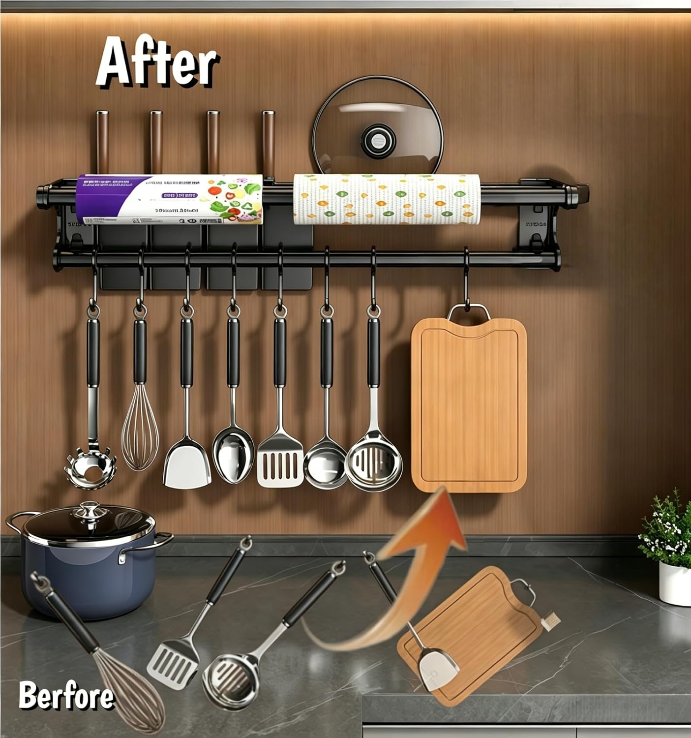Wall Mount Organizer Rack with Pot Lid Holder, Knife Rack, Towel Bar & Hooks | Stainless Steel Kitchen Storage