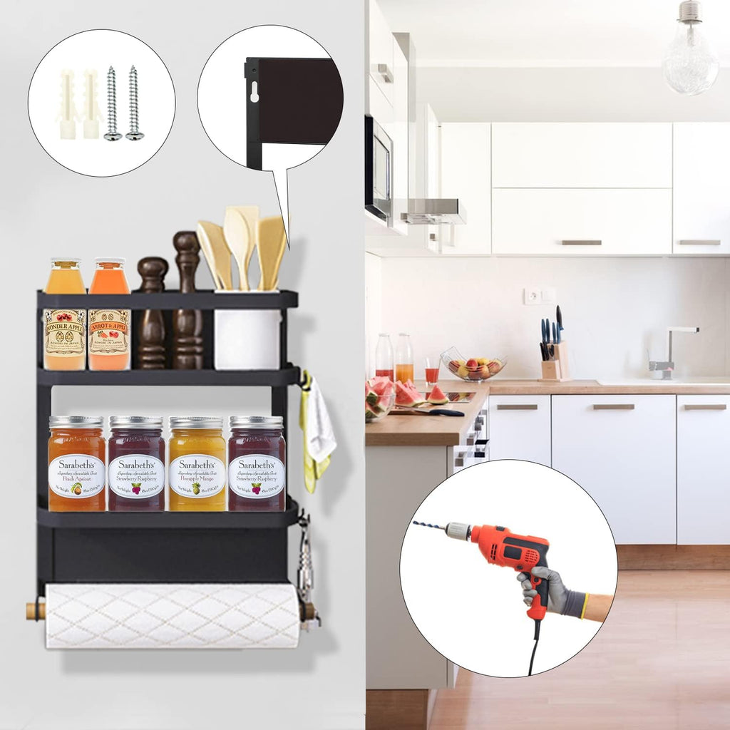 Magnetic Spice Rack for Fridge with Paper Towel Holder, Kitchen Organizer Shelf, Black Magnetic Storage Rack